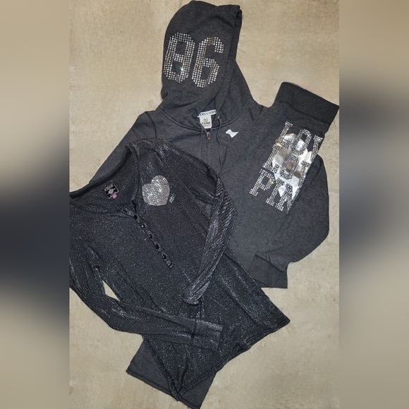 Victoria's Secret PINK Rare Vintage Y2K 3pc Bling Flared Sweats Heart Set XS-M - Picture 1 of 16